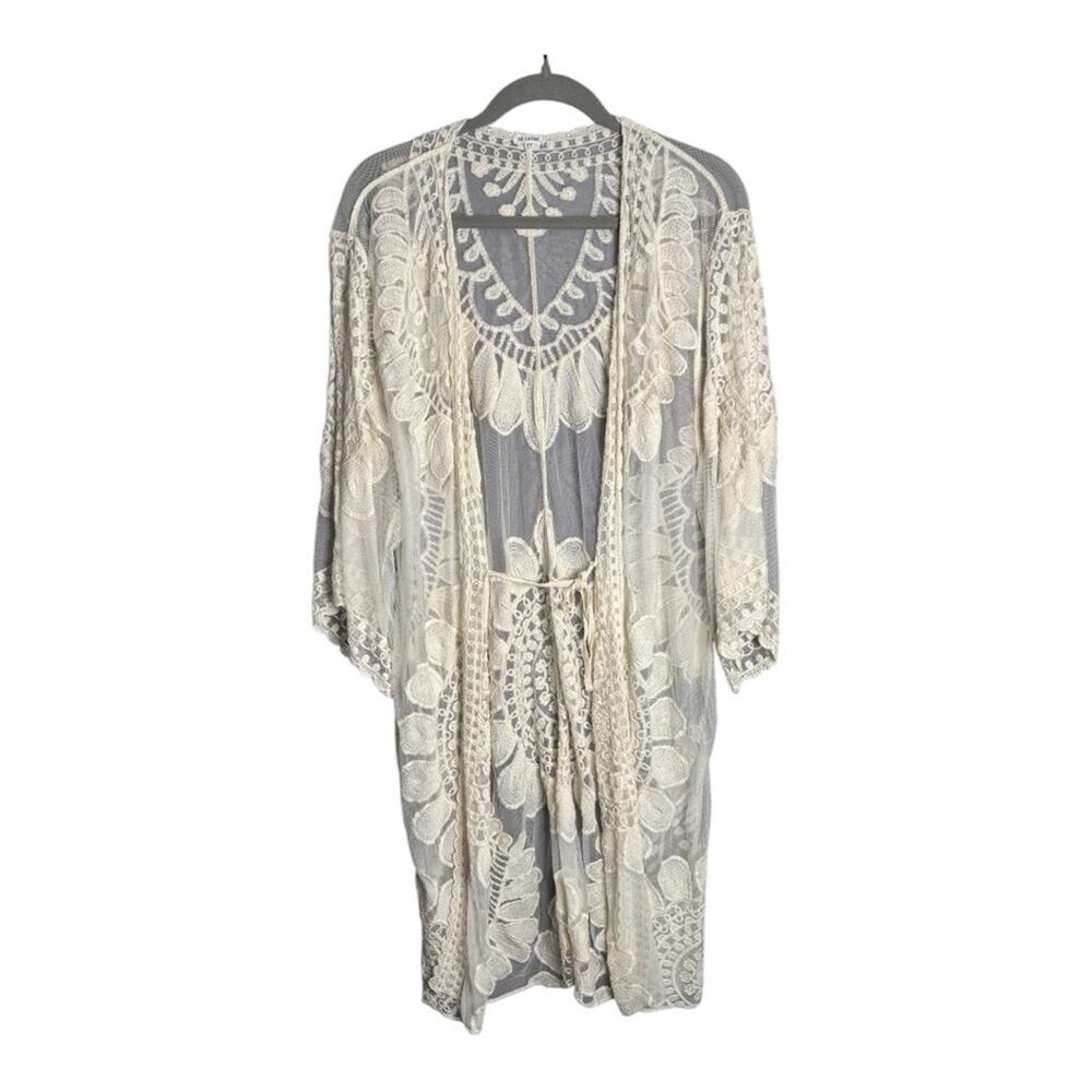 En Crème White Lace Mesh Long Open Swimsuit Coverup XS